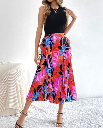 BTFBM Women Casual Sleeveless Summer Dresses 2025 Spring Crewneck Patchwork Boho Floral Ruffle Cocktail Party Midi Dress(Big Floral Multicolor, X-Large) - Thumbnail 2