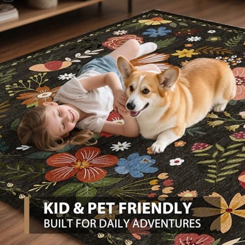 Washable Area Rug, Floral Rug, Large Carpet for Living Room & Bedroom, 9'x 12',Black - Thumbnail 3