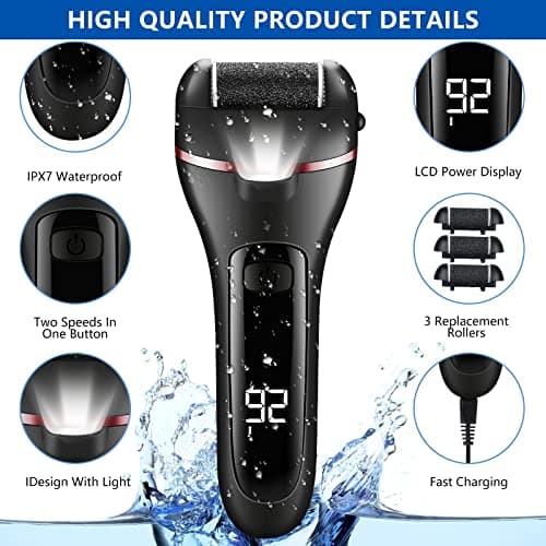 zikillya® Electric Foot Callus Remover, 16 Pack Foot File Pedicure Kit Tools,Waterproof Foot Scrubber Dead Skin Remover with 3 Roller Heads & 2-Speed Power Pedicure Tools for Feet Hands Heel (Black) - Thumbnail 2