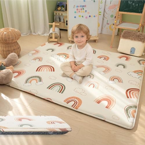 PaPaMat 1.5" Thick 71x59 Baby Play Mat Large Memory Foam Mats for Tummy Time Non-Slip Water-Resistant Crawling Playmat for Nursery Playroom Classroom, Rainbow