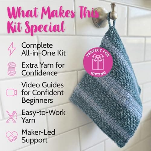 KnitPal Everyday Joy Crochet Kit for Confident Beginners – Make 4 Reusable 7.5 x 7.5 in Dishcloths – with Cotton to The Core Yarn (#3 DK), Hook, Patterns & Video Tutorials (Jean Blue + Sky Blue) - Thumbnail 2