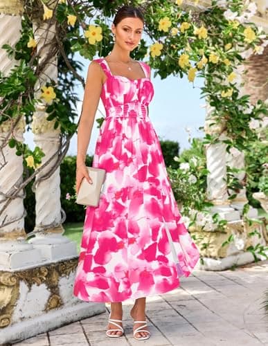 GRACE KARIN Summer Floral Dress for Women 2026,Off the Shoulder Smocked Bridesmaid Dresses,Formal Baby Shower Maxi Dresses Pink Watercolour XXL - Thumbnail 3