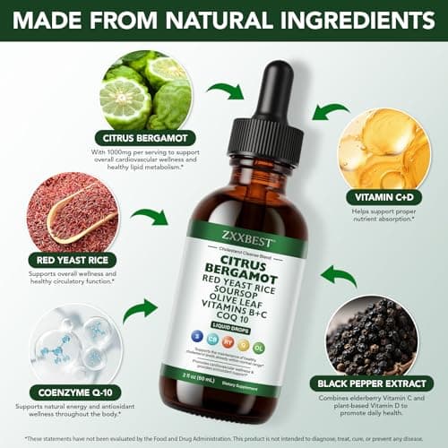 Red Rice Yeast for Cholesterol Support - High Absorption Cholesterol Support Blend with Red Rice Yeast Extract Liquid, Soursop Drops, Garlic, Olive Leaf, Citrus Bergamot & Vitamin C D3 - 2 Fl Oz (1) - Thumbnail 2