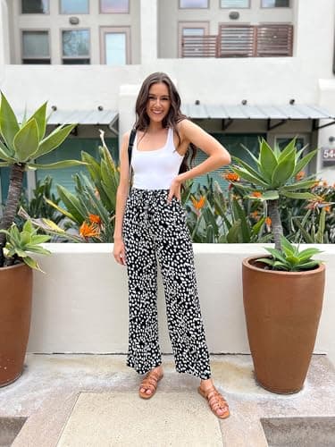 ECOWISH Womens Palazzo Pants Wide Leg Trousers with Pockets High Waist Casual Loose Flowy Pants with Belt 160 Black Small - Thumbnail 2