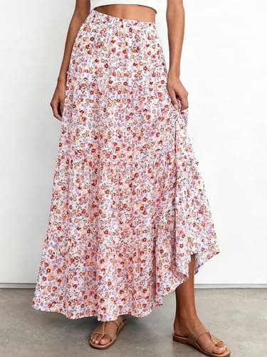 BTFBM Floral Maxi Skirts for Women Summer Spring 2026 Elastic Waist Tiered Flowy Beach Vacation Boho Midi Long Skirt(Floral White Orange, XX-Large) - Thumbnail 3