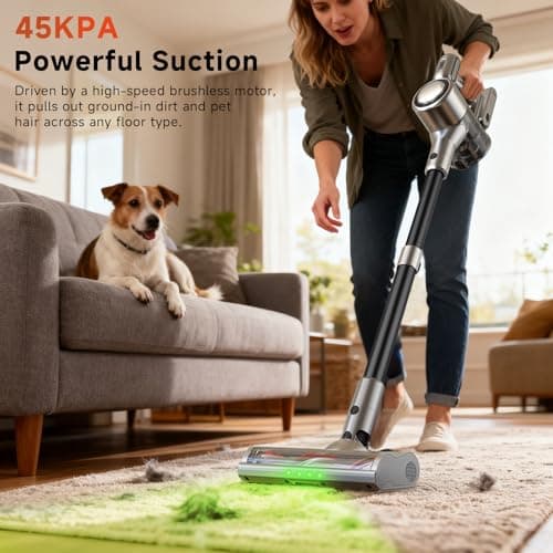 Shieal Cordless Stick Vacuum Cleaner - Rechargeable,45Kpa Powerful Suction Vacuum for Home,45Mins Runtime,Detachable Battery,Anti-Tangle, 8 in 1 Lightweight Vacuum for Pet Hair Carpet Hardwood,Silver - Thumbnail 2