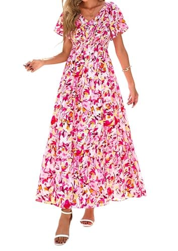 PRETTYGARDEN Boho Dresses for Women 2026 Summer Floral Short Sleeve V Neck Smocked Flowy Beach Vacation Maxi Dress (White Pink Floral,Small) - Image 1