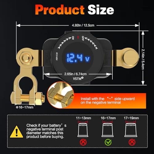 Top Post Battery Disconnect Switch with Voltmeter, 5V-80V Car Battery Disconnect Switch, Negative On/Off Master Isolator Power Cut Shut Off for Car, RV, Boat, Truck, ATV - Thumbnail 4