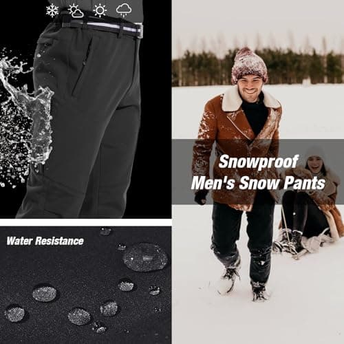 MOURCE Snow Pants Men Windproof, Elastic Waist Fleece Lined Hiking Pants Men with Belt, Black S - Thumbnail 4