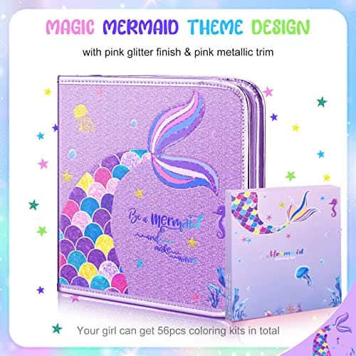 MAIGOZON Mermaid Art Craft Kit for Kids, 56 Piece Set with Pencil Case, Markers, Crayons, Gel Pens, Erasers, Stencils, Ruler - Thumbnail 4