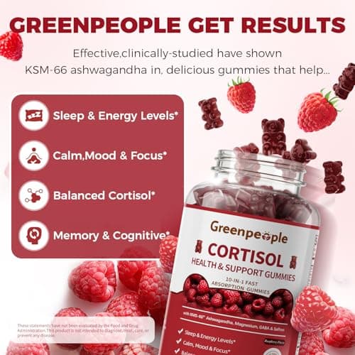 GREENPEOPLE Cortisol Supplements for Women & Men - Cortisol Reducer Detox Manager w/KSM-66 Ashwagandha/Magnesium/L-theanine/GABA/Vitamin B6 for Mood/Sleep/Stress Relief 60 CT Raspberry Flavor Gummies - Thumbnail 4
