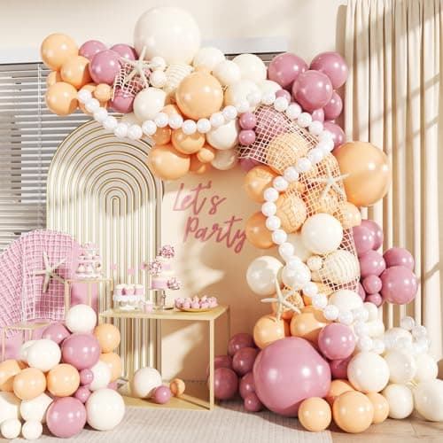 Pink Beach Balloon Arch Kit, 143Pcs Pink and White Balloon Arch Kit Including Dusty Pink Blush Sand White Pearl White Balloons for Ocean Sea Pool Theme Baby Shower Birthday Party Decorations - Image 1