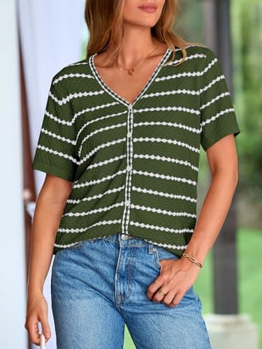 NALANISA Short Sleeve Sweaters for Women Trendy 2026 Spring Summer Tops V Neck Striped Button Up Causal Dressy Blouses (Army Green,XL) - Thumbnail 6