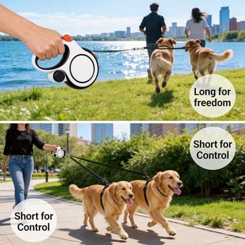 Dual Retractable Dog Leash 2 Large Dogs (Up to 110 Lbs Each), 2 Headed Pet Leash with Poop Bags, 16ft Extension, Non-Slip Grip, One-Button Break & Lock, 360-degree Tangle-Free (White, Large) - Thumbnail 5