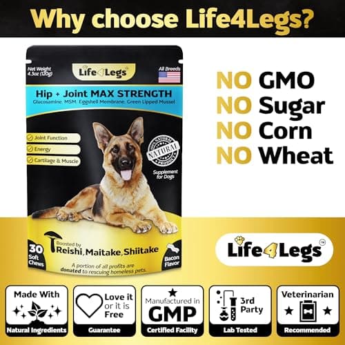 Life4Legs Premium Hip and Joint Supplement for Dogs, Glucosamine for Dogs with Chondroitin, MSM, Turmeric & Omega 3, Daily Dog Joint Supplement Soft Chews, Bacon, 30 Count - Thumbnail 5