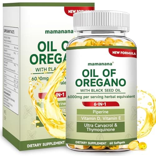 Oil of Oregano with Black Seed Oil Softgels, 6 in 1 Oregano Oil Capsules Organic 6000mg High Potency Carvacrol&Thymoquinone, Non GMO Natural Antioxidants Immune Support Supplement - 60 Capsules - Image 1