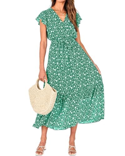 BTFBM Women Summer Bohemian Floral Casual Wrap V Neck Ruffle Cap Sleeveless Belt A-Line Pleated Hem Swing Midi Sun Dress (Floral White Green, XX-Large) - Image 1