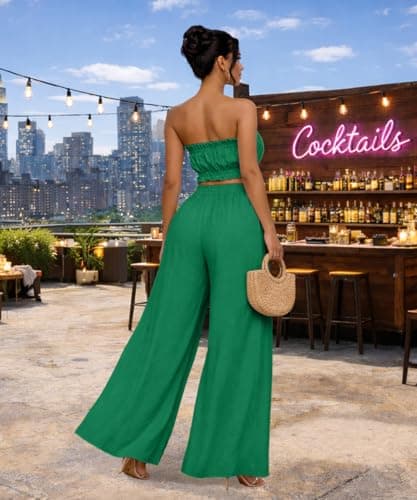 ABKY Two Piece Sets for Women Going Out Summer Off Shoulder Tube Top Palazzo Pants Set Vacation Birthday Party Date Night Outfits Green M - Thumbnail 5
