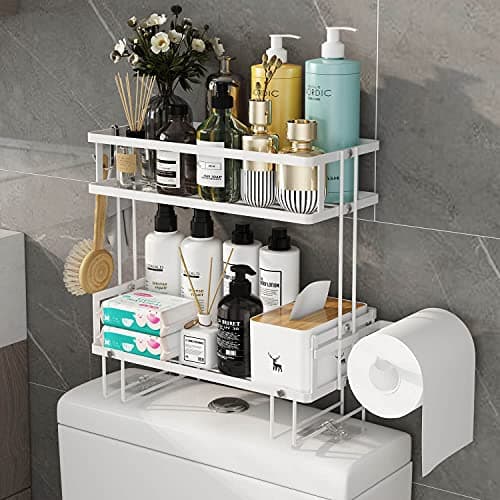 Godboat Bathroom Organizer - Over The Toilet Storage Cabinet, 2-Tier Floating Shelves, Wall Shelf with 2 Hooks & Paper Rack, Cool Accessories & Decor, Gifts for Women, Mothers Day (White)