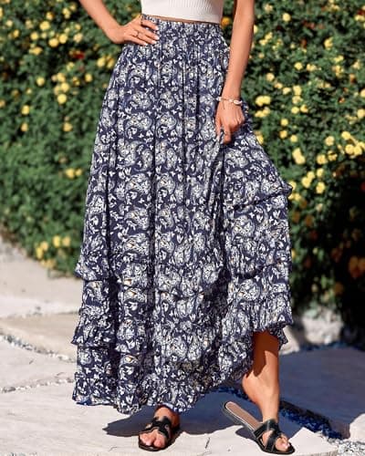 BTFBM Skirts for Women Summer Flowy A-Line Floral Boho Maxi Skirt Long Wedding Guest Dresses Spring Outfits 2026(Floral Floral Navy White,Large) - Thumbnail 3