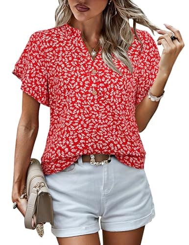 LOOKBOHO Womens Casual Red Tops Ruffle Short Sleeve V Neck Floral Blouses Fashion Summer Chiffon Office Shirts Red XL - Image 1