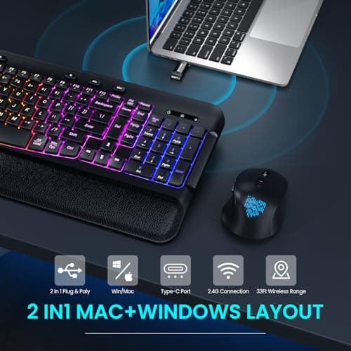 COLIKES Ergonomic Wave Wireless Keyboard and Mouse Combo - Soft Leather Wrist Rest, RGB Backlit, Silent Keys, Rechargeable Set for Computer/Windows/Mac (Black) - Thumbnail 6