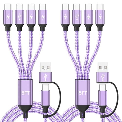 Jogrytece USB C Splitter Multi Charging Cable, USB C to USB C Cable with 4 X Type-C, Travel Holiday Essentials Phone Charger Cord for iPhone 17/16/15, Galaxy, Android 2Pack 5FT Purple