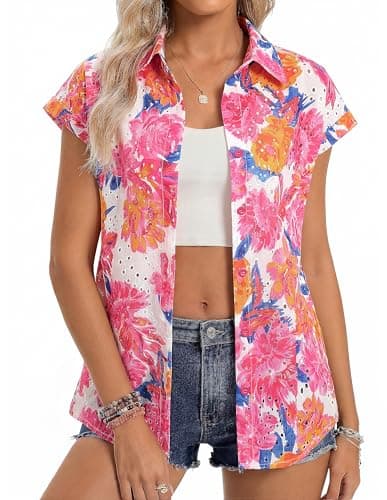 GRACE KARIN Floral Eyelet Spring Summer Tops for Women,2026 V Neck Dressy Casual Shirts,Boho Button Down Short Sleeve Blouses Rose Red S - Image 1