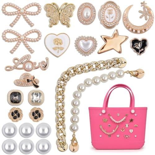 yuboo Gold Charms for Bogg Bag, Spring Flowers Butterfly Gold Pearls Chain Charms Accessories Summer Gift for Girls Women, Compatible with Bogg Bag Simply Southern Rubber Totes DIY Decor - Image 1