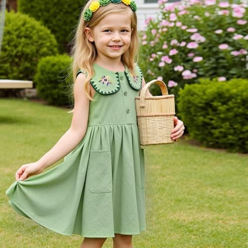 Little Bitty Girls Cotton Embroidered Peter Pan Collar Sleeveless Summer Party Birthday Sunshine A Line Dress Green 4T - Thumbnail 6