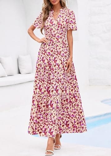 KIRUNDO Womens Summer Floral Maxi Dress Short Sleeve V Neck Boho Long Flowy Casual A Line Dresses 2026 Beach Vacation Outfits(Purple Flower, X-Large) - Thumbnail 5