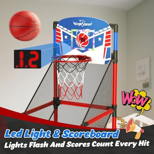 EagleStone Kids Adjustable Arcade Basketball Hoop with LED Lights & Scoreboard, 4 Balls Ball Storage Net, Indoor Outdoor Carnival Basketball Game Set for Boys & Girls Ages 3-12, Pump Included - Thumbnail 3