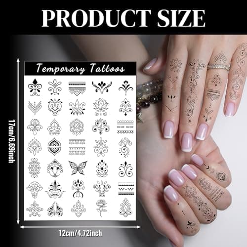 Cerlaza 62 Styles Temporary Tattoos Adult, Henna Hand Finger Fake Tattoos Semi Permanent Tattoo for Women Men, Realistic Long Lasting Small Hannah Tatoo Temporary Kits Stickers Body Art for Neck - Thumbnail 4