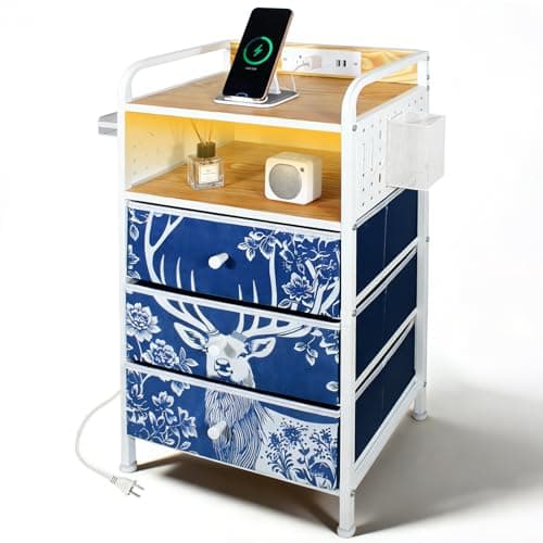 YCY Night Stand with Charging Station, LED Nightstand with USB Ports and Outlets, Metal Frame Bedside Table with 3 Fabric Storage Drawers, End Table for Bedrooms Living Room - Image 1