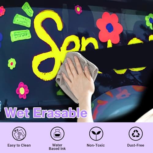 Window Paint Markers for Glass Washable: 8 Pack 15mm Jumbo Liquid Chalk Marker, Neon Glass Markers Pen, Wet Erase for Cars, Auto, White Board, Chalkboard, Black board, Tire, Mirrors, Bistro - 8 Colors - Thumbnail 2