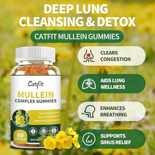 Catfit Mullein Gummies for Lungs – Mullein Leaf Extract with Quercetin, Elderberry for Respiratory & Immune Support,Lung Health & Breathing, Vegan, Pineapple Flavor, 60 Gummies - Thumbnail 2