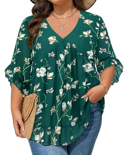Siddhe Plus Size Tunic 3/4 Ruffle Sleeve V Neck Work Babydoll Tunic Empire Waist Floral Blouse Summer Flowy Chiffon Shirts Casual Dressy Wrinkle Free Western Green White Flowers 2XL - Image 1