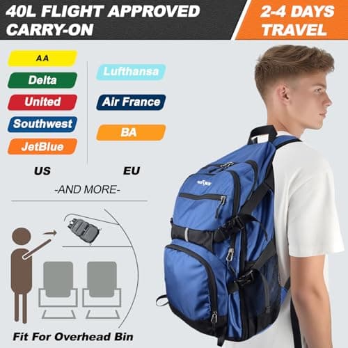 Seektop Lightweight Travel Backpack for Men Women, Multiple Pockets 40L Hiking Backpack Foldable Carry on Backpack for Outdoor Camping Sport Leisure (Blue) - Thumbnail 4