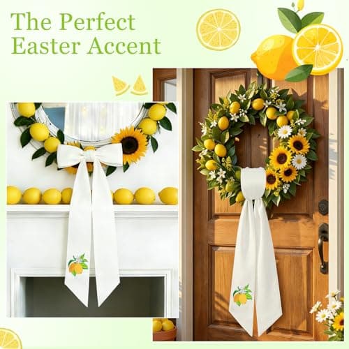 Ezyec Summer Lemon Wreath Sash for Front Door (59" Long) - High-Density White Satin Ribbon with Embroidered Citrus Design - Vibrant Yellow Decor for Boxwood Wreaths, Weather-Resistant & Washable - Thumbnail 4