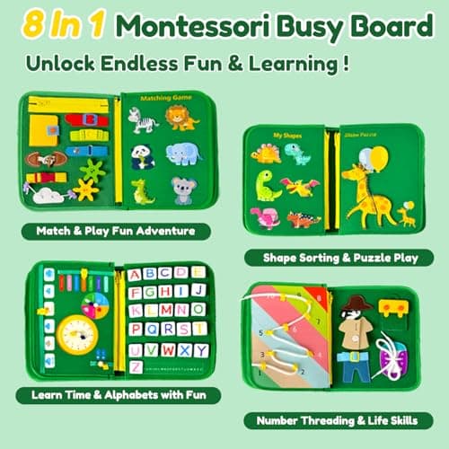 Qizfun Toddler Busy Board Montessori Toys – Sensory Busy Book, Educational Learning Travel Toy for Airplane & Car, Keeps Toddlers Engaged, Birthday Gifts for Toddler Boys Girls - Thumbnail 3