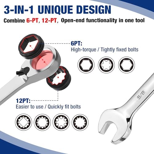 WORKPRO 7-Piece 3-in-1 Reversible Ratchet Wrench Set, SAE 5/16" to 3/4", 6PT &12PT & Open-End Wrenches, 72-Teeth Ratcheting Combination Wrench with Rolling Pouch - Thumbnail 3