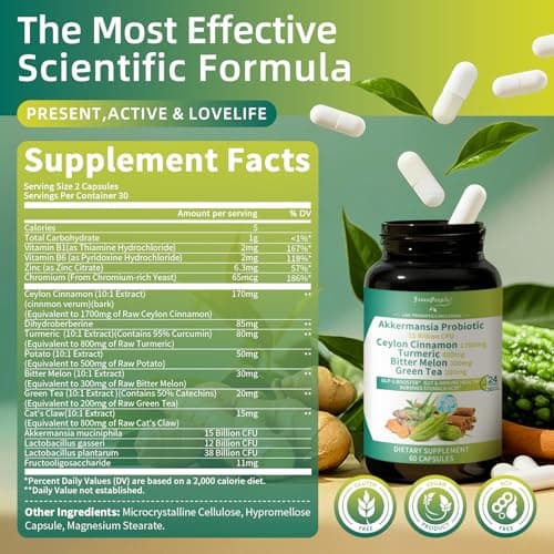 GREENPEOPLE Akkermansia Probiotics 15B CFU for Gut Function, 60CT Probiotics Supplement with Ceylon Cinnamon, Turmeric | Digestive Health & Metabolic Support | Women & Man | Vegan & Gluten Free - Thumbnail 6
