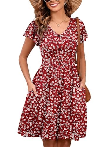 Heymoments Women Summer Dress Peach Blossom X-Large Ruffle Sleeve V Neck Casual Cute Loose Sundress Comfy Swing Button Down Midi Work Flowy Tunic Ladies Beach Vacation Teacher Dresses with Pockets - Image 1
