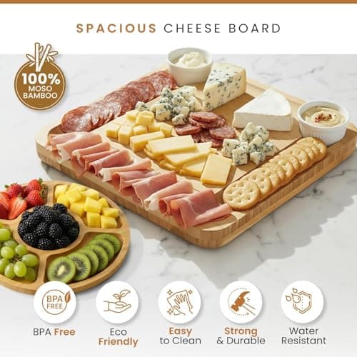 Leaf & Grain Charcuterie Board Set with Accessories Drawer - Real Bamboo Cheese Board & Stainless Steel Knife Set, Large Meat & Cheese Platter for Parties & Gifts - Natural - Thumbnail 2