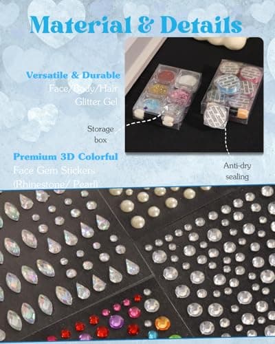 Face Glitter Gems Rave Accessories: 6 Face Body Glitter Gel & 4 Self Adhesive Gem Stickers 1440PCS, Sparkly Rhinestone Stickers Hair Jewels Kit Girls Women Party Makeup Accessories (Water Droplets) - Thumbnail 5