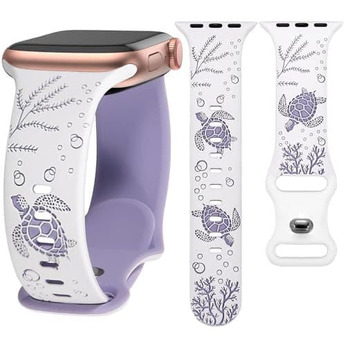 HMFCBFSS Engraved Cute Sea Turtle Band Compatible with Apple Watch Bands for Women Men 38mm 40mm 41mm 42mm, Stylish Two-Tone Floral Soft Silicone Sport Strap Fit iWatch Series 11 10 Se 9 8 7 6 5 4 3 2 1 (White/Purple, 38mm/40mm/41mm/(42mm-Series 11 10) - Image 1
