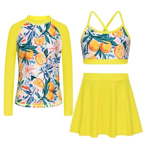 Seanrui Girls Swimsuit Size 8 Long Sleeve Rash Guard Girls 3 Piece Bathing Suits UPF 50+ Swimwear 7-8 Years Yellow - Image 1