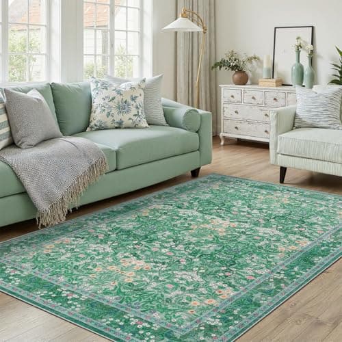 DCX Sage Green Area Rug 4x6, Machine Washable Non Slip Stain Resistant Soft Vintage Floral Rug, for Living Room, Bedroom, Dining Room, Soft Low Pile Large Carpet - Image 1