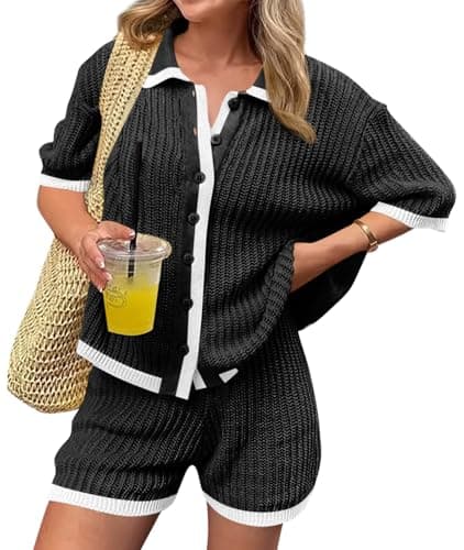Cicy Bell Womens 2 Piece Short Sets Summer Sweater Outfits Short Sleeve Collared Tops Vacation Color Block Knit Lounge Sets - Image 1