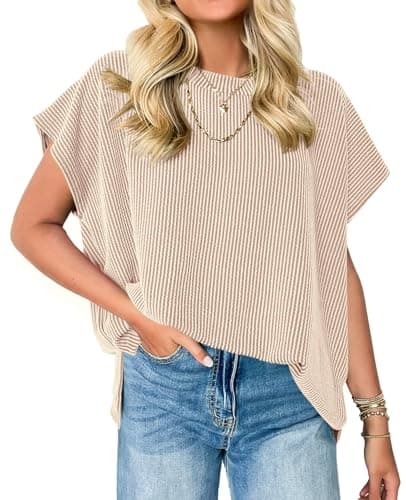 Womens Summer Oversized Tshirts Ribbed Short Cap Sleeve Tops Side Split Tees Loose Fit Dressy Casual Shirts Teacher Outfits Khaki S - Image 1